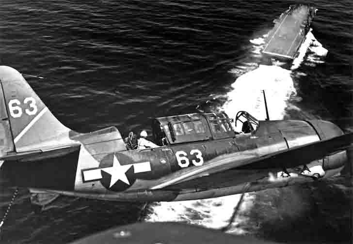 Curtiss SB2C Helldiver bombers land on "Yorktown" aircraft carrier