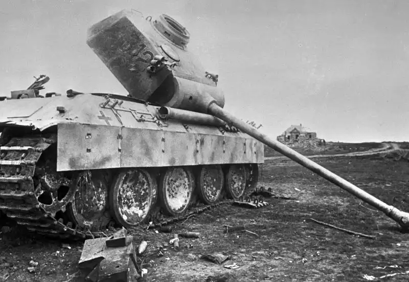 Burned German Panther tank abandoned on the Eastern Front during World War II.