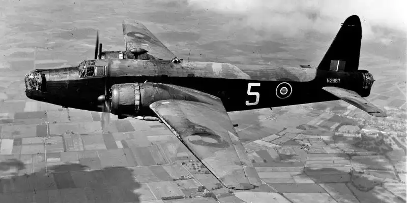 Vickers Wellington Mk.IA bomber in flight during June 1943, RAF aircraft in World War II, pivotal in British bombing missions.