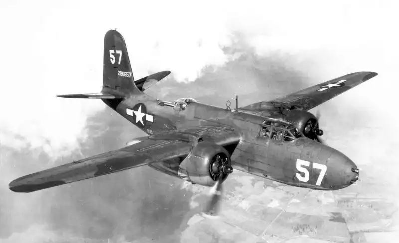 WWII photo of the American twin-engine medium bomber Douglas A-20G “Boston” (serial 286657) in flight over the United States.