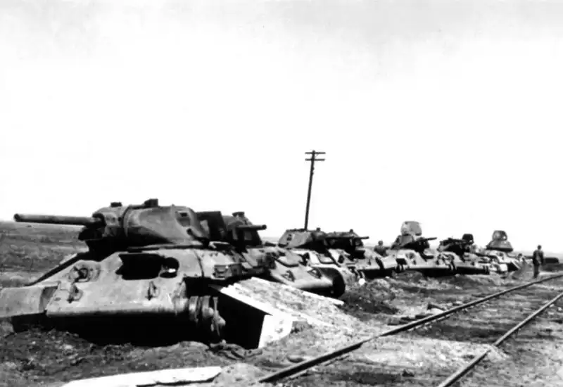 Damaged Soviet T-34-76 tanks awaiting evacuation near Stalingrad, USSR, 1942