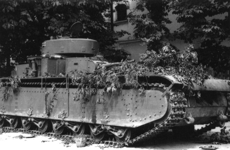 Abandoned Soviet T-35A multi-turret heavy tank during the Battle for Ukraine in Dnepropetrovsk, USSR, 1941.