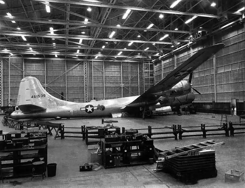 Boeing B-29A-35-BN Superfortress damaged after slipping from assembly jacks at an American aircraft factory, March 1945.