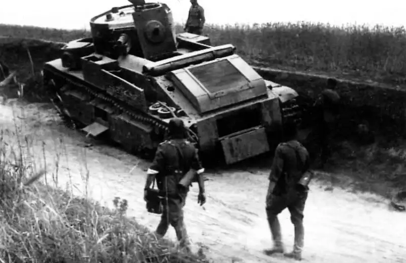 Abandoned Soviet T-28 medium tank with additional armor captured by German forces in Ukraine during Operation Barbarossa, July 1941.