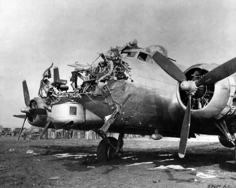 Severely damaged nose section of Boeing B-17G Flying Fortress 43-38172 after a direct flak hit over Cologne 1944.