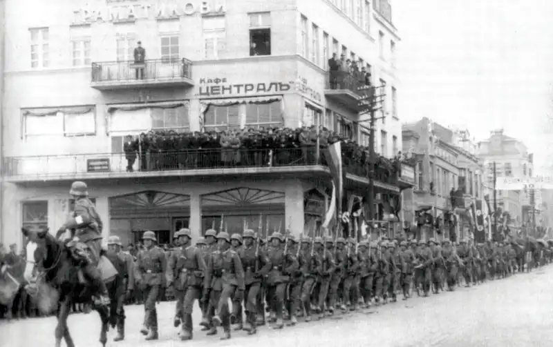 German soldiers march in a military parade through Plovdiv, Bulgaria in 1940 — during the country’s alliance with Nazi Germany