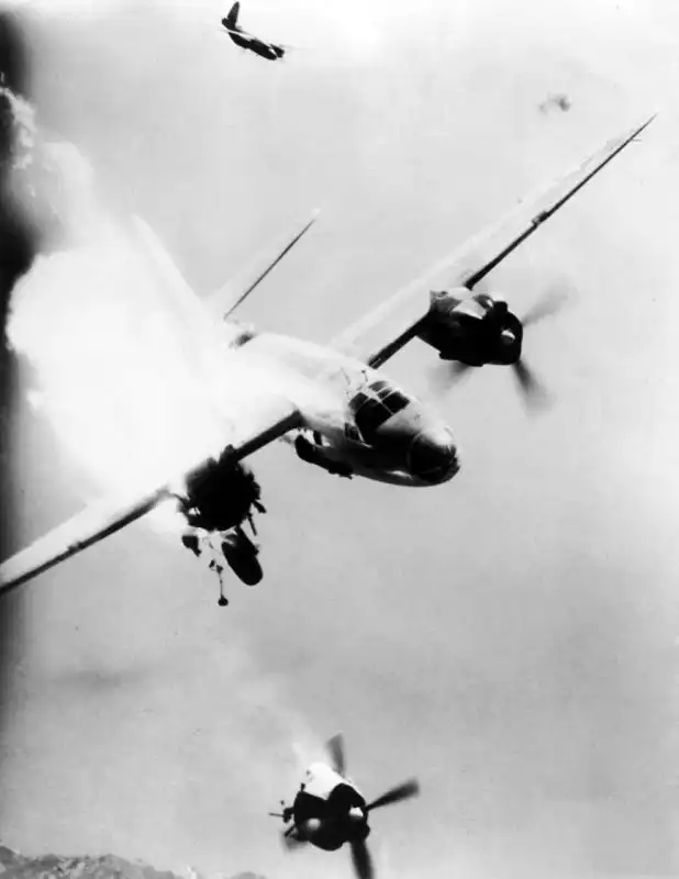American B-26 Marauder “Flossie’s Fury” losing an engine after anti-aircraft damage over Toulon, France, August 1944.
