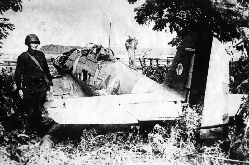 Shot down Royal Romanian Air Force Heinkel He-112B-2 fighter with Michael Cross insignia guarded by Red Army soldier Odessa 1941.