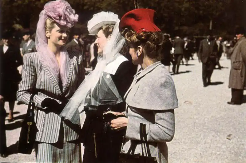 Parisian fashion designers at Longchamp Racecourse in occupied Paris, August 1943 color WWII photograph