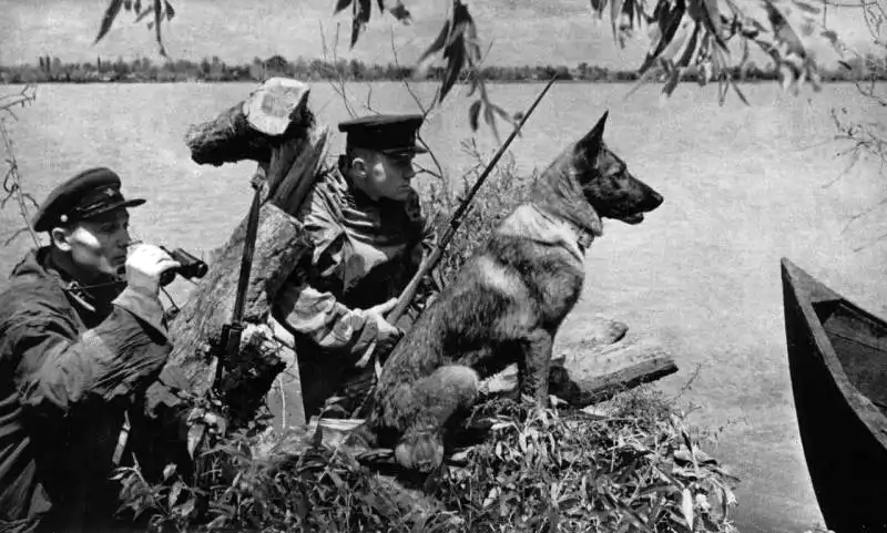 Soviet border guards with a service dog observe enemy territory near the Danube Delta in the last peaceful days before Nazi Germany's invasion