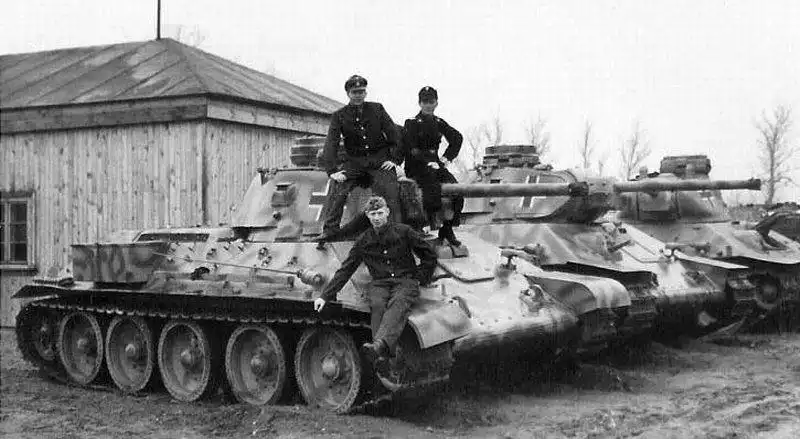 Captured Soviet T-34 tanks modified and pressed into Wehrmacht service, featuring Panzer III cupolas and German equipment