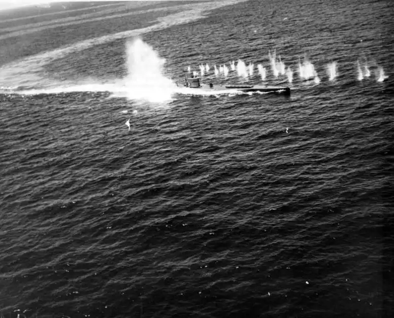 German submarine U-118 under Allied air attack in the Atlantic Ocean, June 1943.