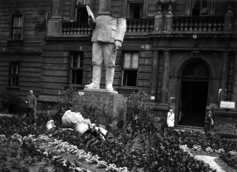 Destroyed monument to Joseph Stalin in German-occupied Lviv, Ukraine, 1941