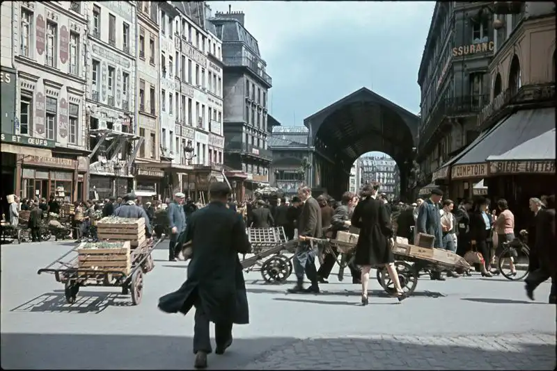 Les Halles food market in occupied Paris, July 1942 color WWII photograph