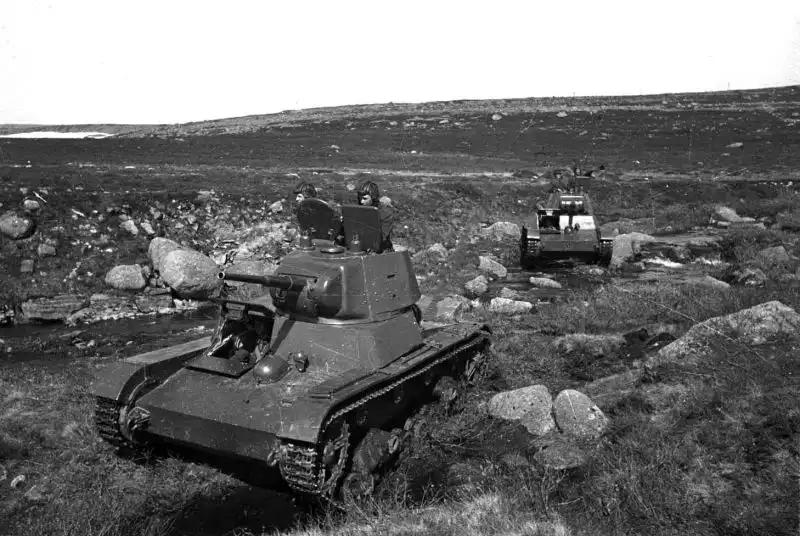 Soviet T-26 light tanks of the Murmansk Fortified Region on Kildin Island, Murmansk region, USSR, summer 1942