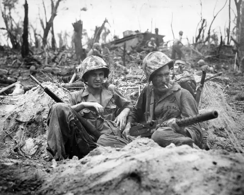 U.S. Marines resting and smoking after the Battle of Peleliu, September 1944