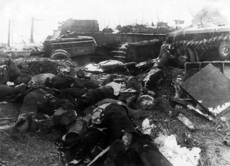 Dead Nazi soldiers and destroyed tanks in Panskoye, Kursk, aftermath of the Soviet victory in December 1941.