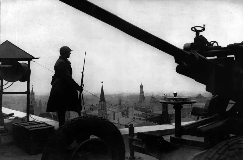 Soviet air defense lookout post in action during German bombing raids on Moscow