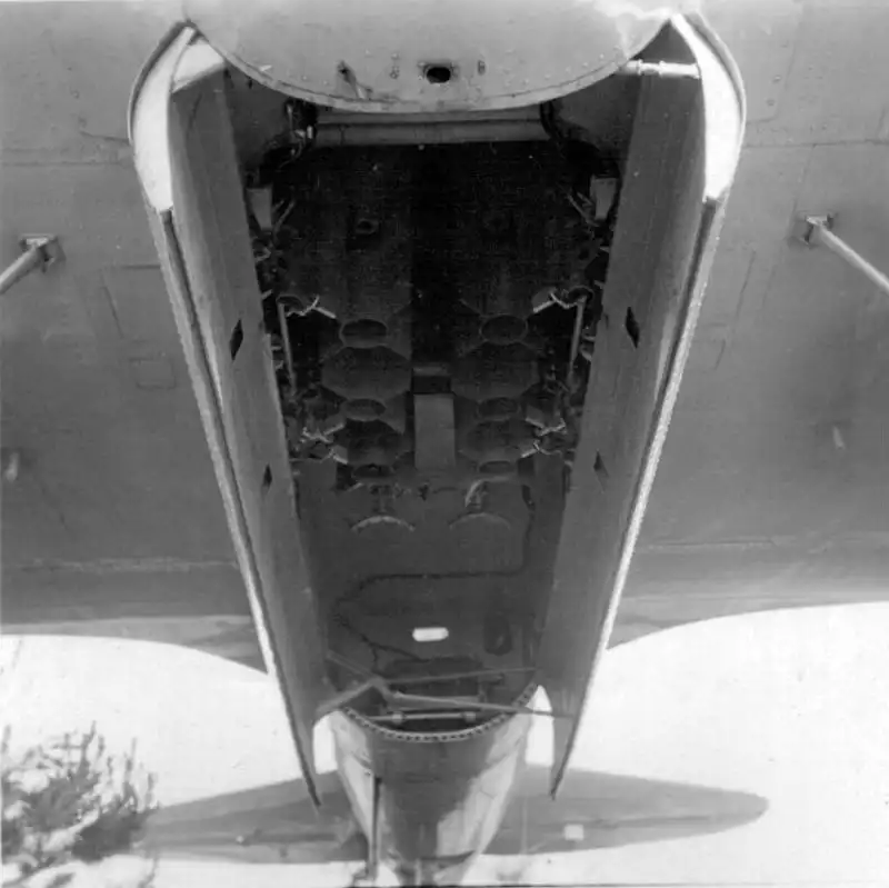 View looking up into the open empty bomb bay of a Soviet Tupolev SB front-line bomber.