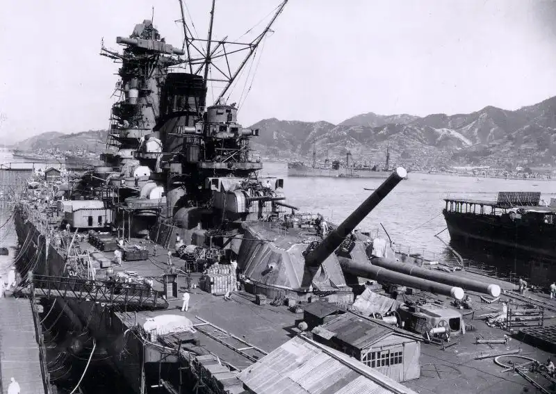 Japanese battleship Yamato under construction at Kure Naval Base, stern view with 460 mm main guns, September 1941.