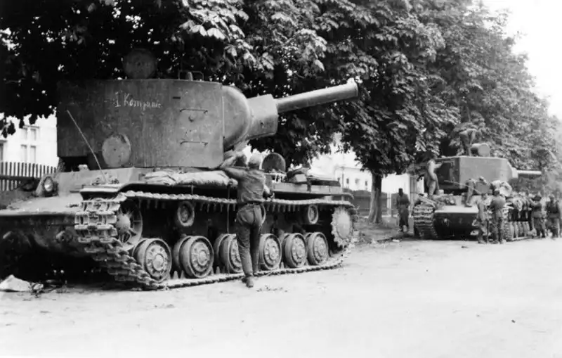 Abandoned Soviet KV-2 heavy tanks from the 8th Tank Division, Zholkva, Western Ukraine, June 1941