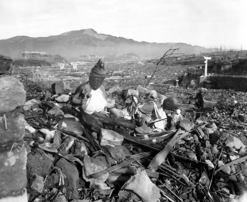 Destroyed Buddhist temple and burned Buddha statue in Nagasaki after the atomic bombing, September 1945
