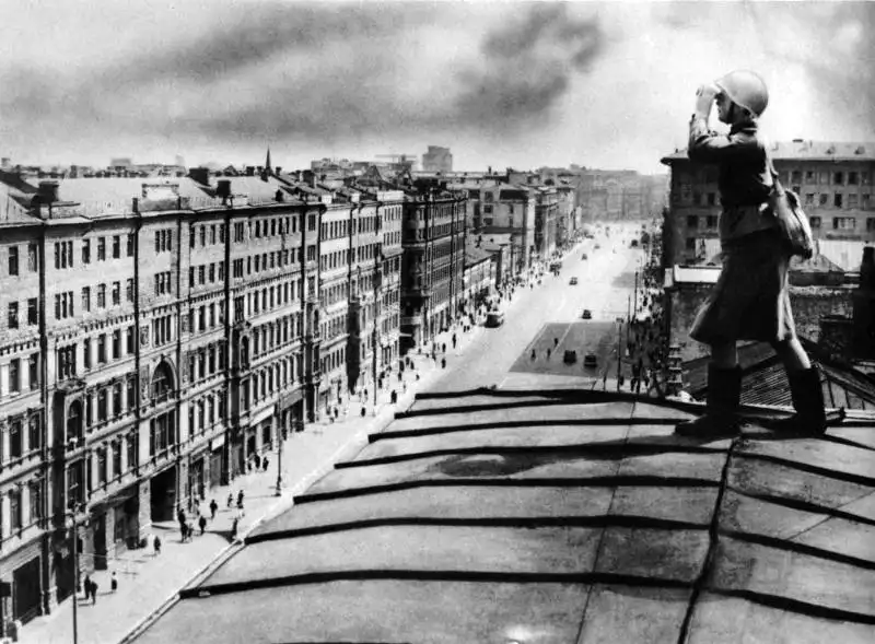 Female Soviet Air Defense Observer on Gorky Street Rooftop, Moscow, 1941