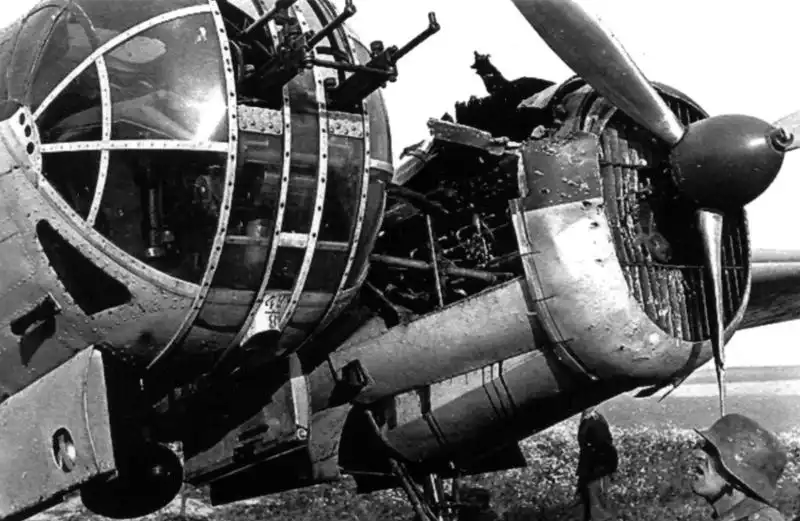 Damaged Soviet SB 2M-100A bomber with M-100 engine captured by German troops, USSR, 1941