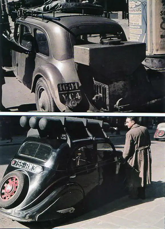 French civilian cars using coal gas fuel systems in occupied Paris, 1943 color WWII photographs