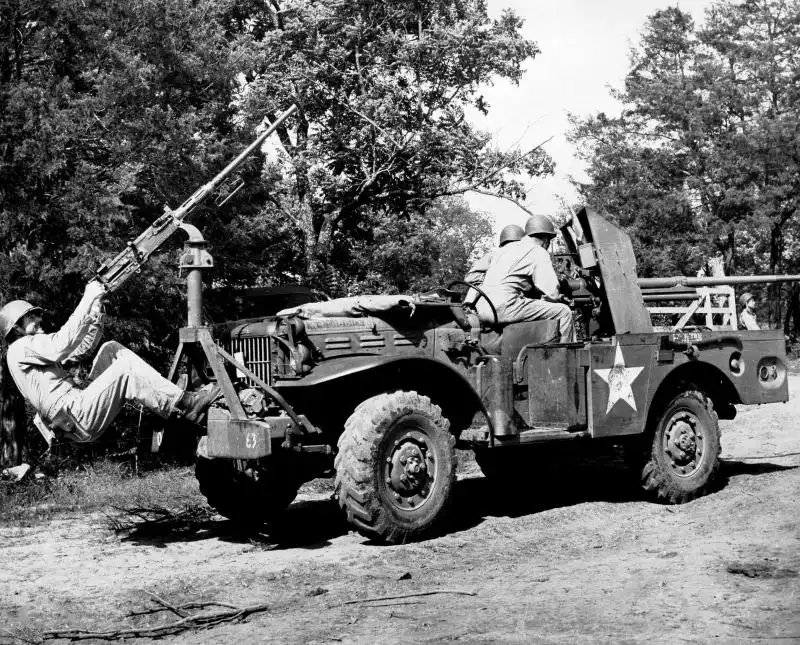 U.S. Army 37mm GMC M6 tank destroyer on a Dodge WC-51 during training maneuvers in Tennessee, June 1943.