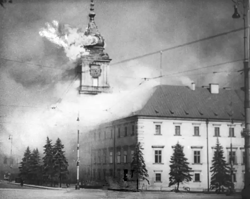 The Royal Castle in Warsaw burning after German artillery fire during the siege, Poland, 17 September 1939