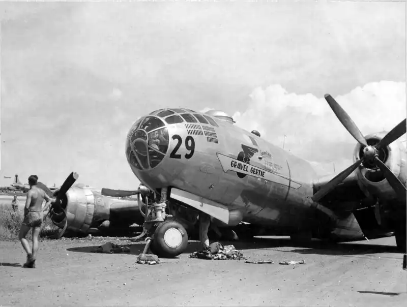 Damaged B-29 Superfortress Gravel Gertie after a crash landing caused by landing gear failure on Iwo Jima following a bombing mission against Japan, August 1945.