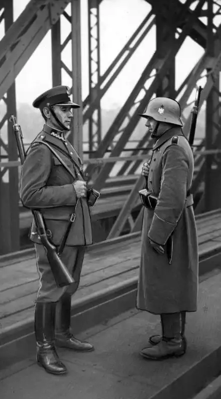 Black and white historical photo by Czesław Datka showing a smartly dressed Polish border guard standing opposite a bored German soldier in a greatcoat on a steel bridge in Bohumín, 1938.