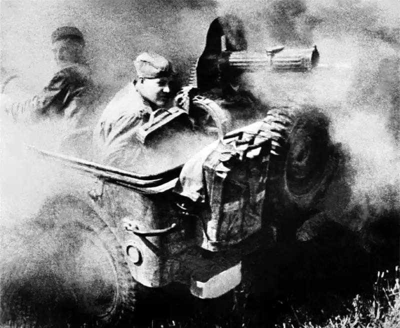 Soviet soldiers operating a Maxim machine gun mounted on a Willys jeep in Northern Transylvania, 1944