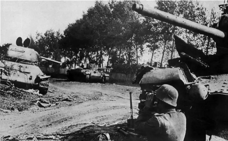 Destroyed Soviet T-34 and Valentine IX Tanks in the Battle of Melitopol, 1943