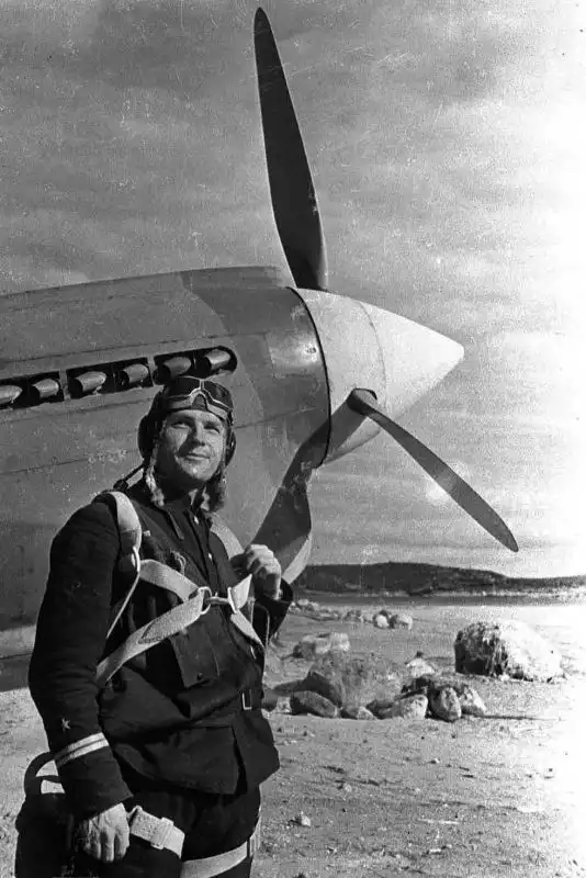 Soviet Fighter Ace Vladimir Pokrovsky Poses with His P-40E Kittyhawk, 1942