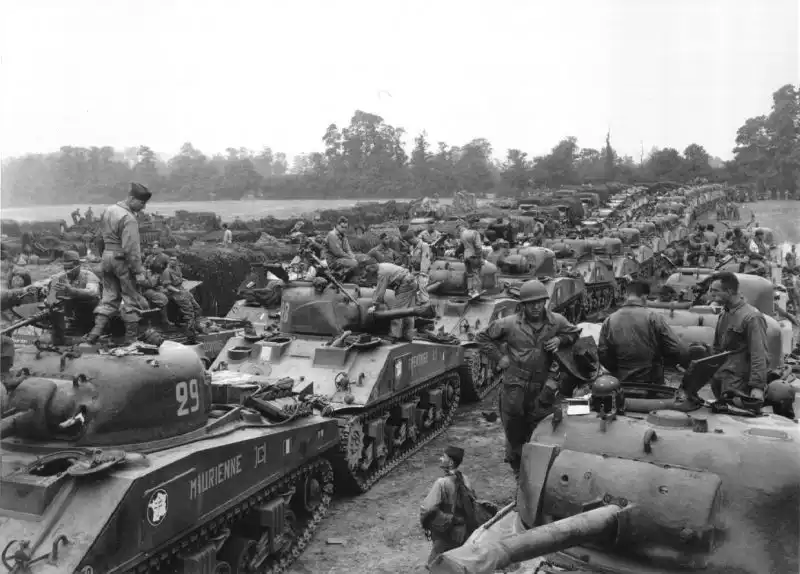French M4 Sherman tanks of General Leclerc’s 2nd Armored Division land at Utah Beach, August 1, 1944.