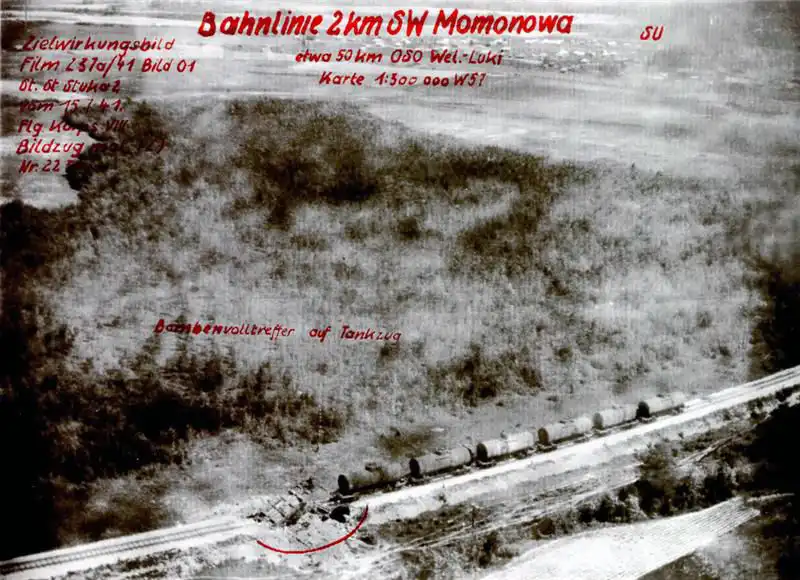 Aerial view of a destroyed Soviet fuel train after a German Stuka strike, Pskov region, July 1941