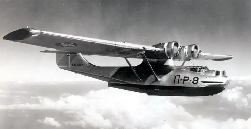 Consolidated PBY-1 Catalina American maritime patrol bomber flying over the United States in 1941 during World War II.
