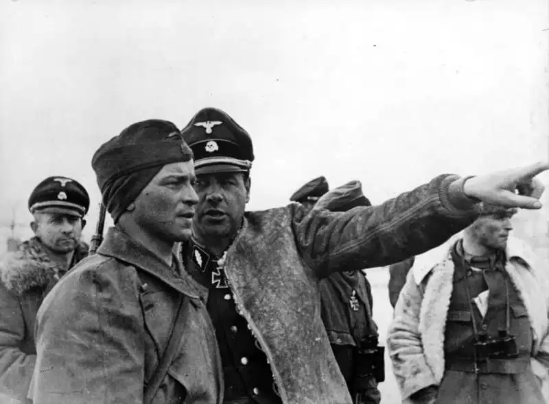 Waffen-SS commanders Fritz Witt, Max Wünsche, and Kurt Meyer near Kharkov during fighting on the Eastern Front in 1943