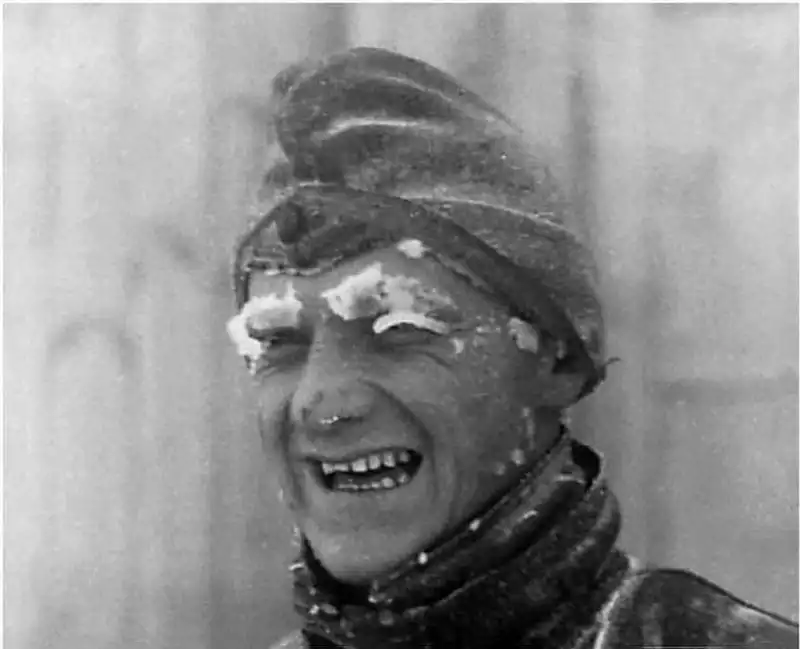 German soldier with face covered in ice during the harsh winter of 1941–1942 on the Eastern Front.