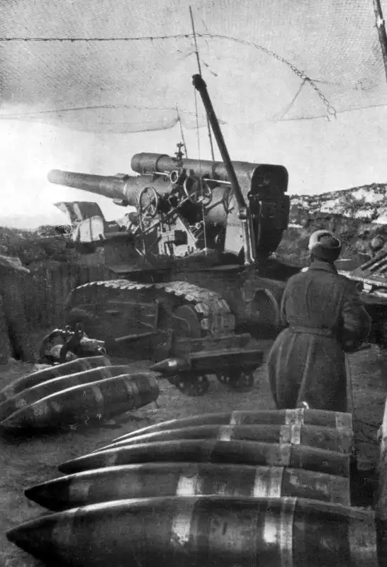 Soviet 203-mm B-4 howitzer commanded by Guards Sergeant Ivan Samoilov on the 1st Ukrainian Front in Germany, 1945, prepared for action against German fortifications.