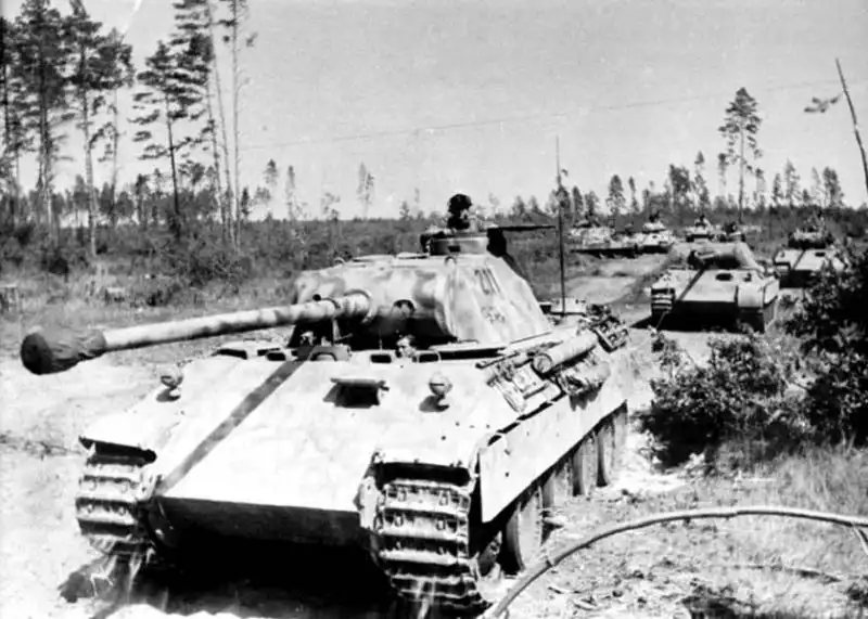 German Panther Ausf. D medium tanks of the 51st Battalion advancing during the Battle of Kursk, July 1943.