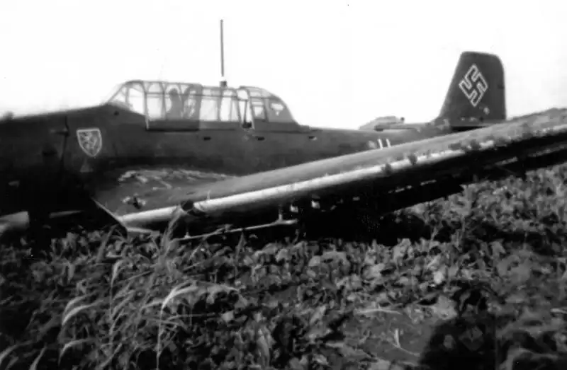 German Junkers Ju 87B Stuka dive bomber after a forced landing during the Battle of France, France, summer 1940.