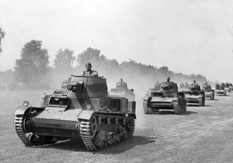 Polish Vickers Mark E Type B and Type A light tanks during military exercises in Poland, 1939.