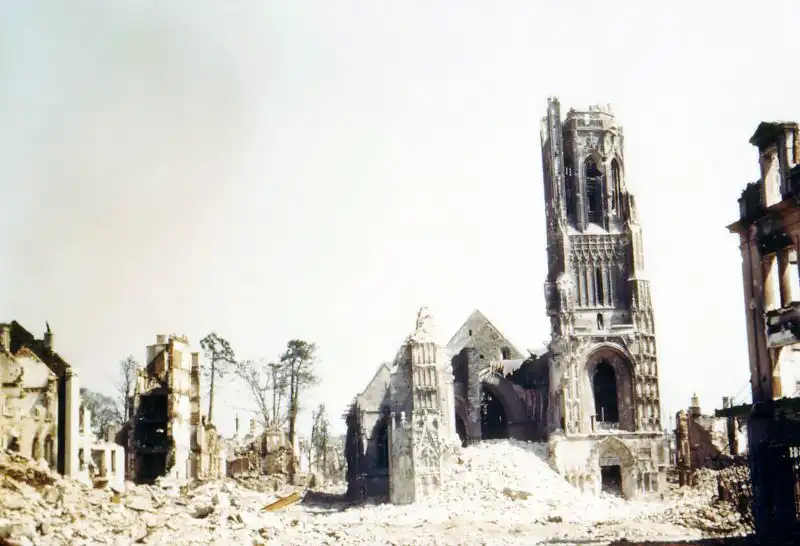 Notre-Dame Church in Saint-Lô, France, heavily damaged by Allied bombings during the Liberation of France, August 1944