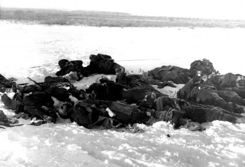 Bodies of deceased Soviet prisoners of war lying on the ice of a frozen river in occupied Karelia during the spring of 1942