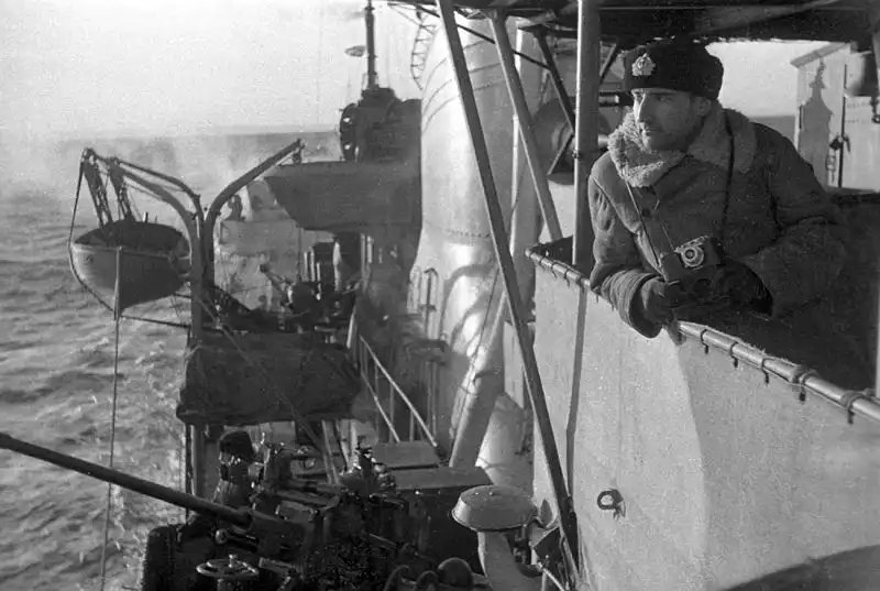 Soviet Navy photographer Robert Diament aboard the destroyer "Grozny" during an Arctic convoy escort mission in 1943