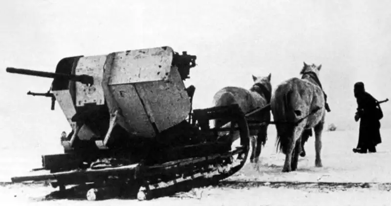 German 20 mm anti-aircraft gun mounted on a horse-drawn sleigh during the winter campaign on the Eastern Front.