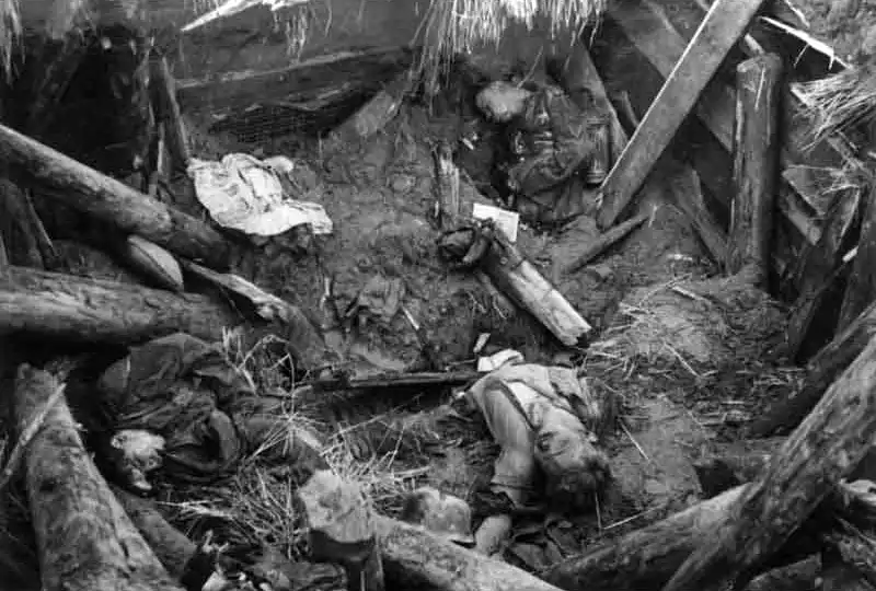 Interior view of a collapsed German dugout destroyed by direct heavy artillery shell strike on Eastern Front 1942.
